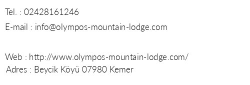 Olympos Mountain Lodge telefon numaralar, faks, e-mail, posta adresi ve iletiim bilgileri